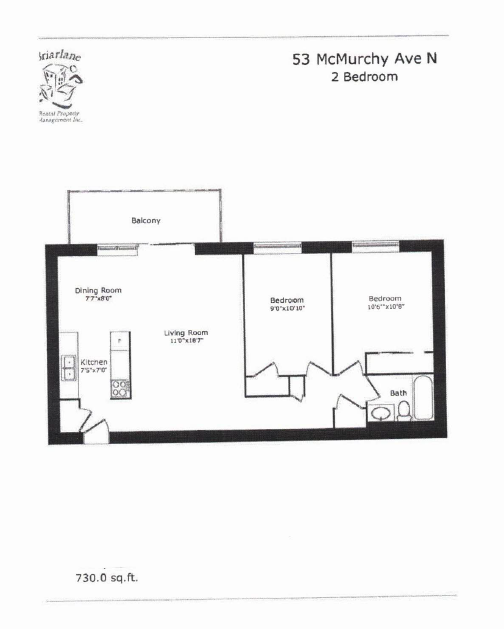 Floor plan for 2 beds, 1 bath, 730 sqft